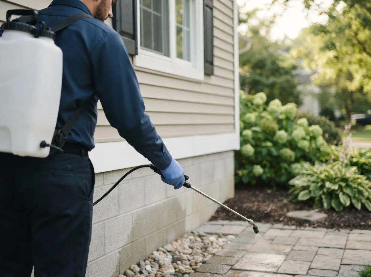 Pest control technician inspecting a home in Hortonville, NY